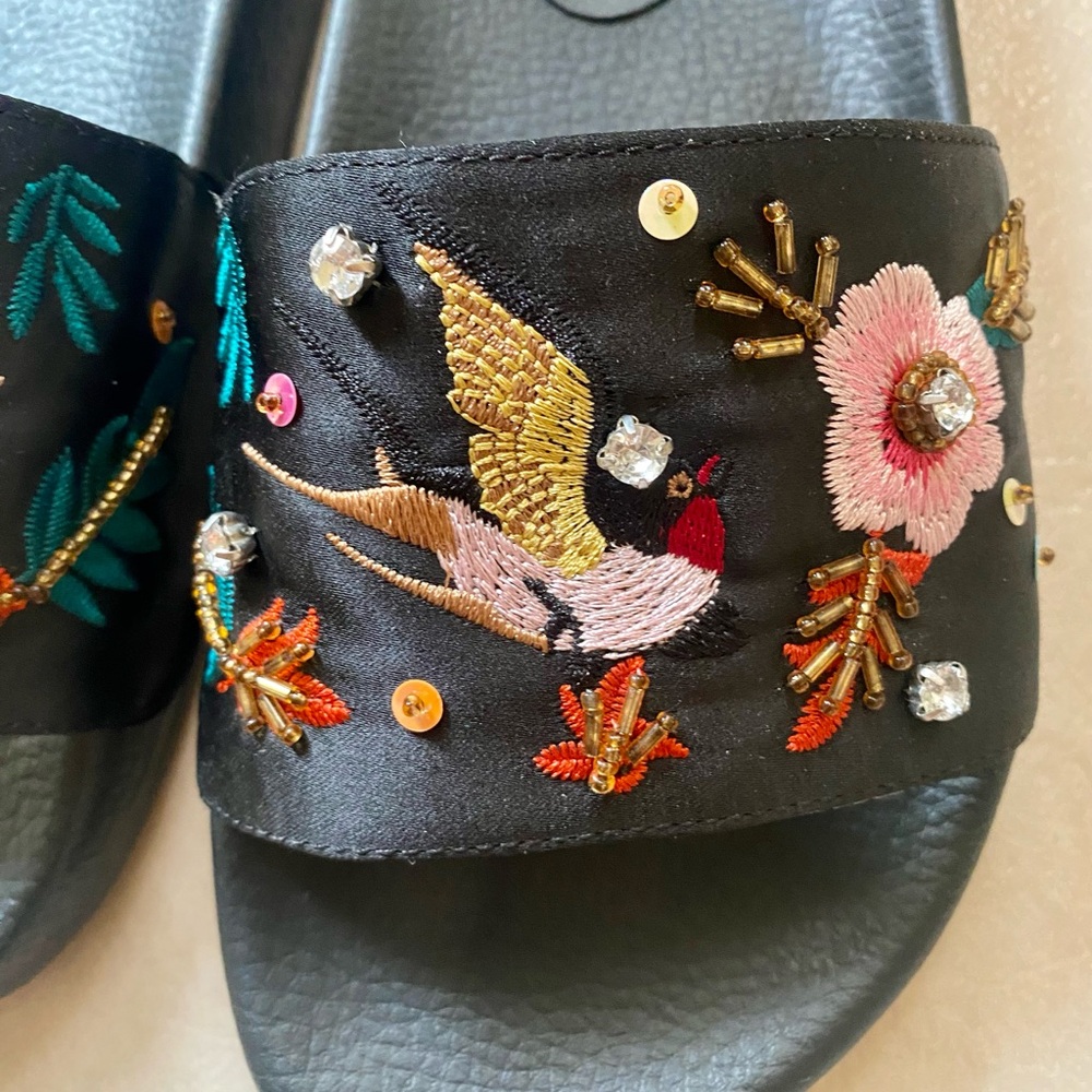 Embroidered Black Slide Sandals with Bird & Floral Beading